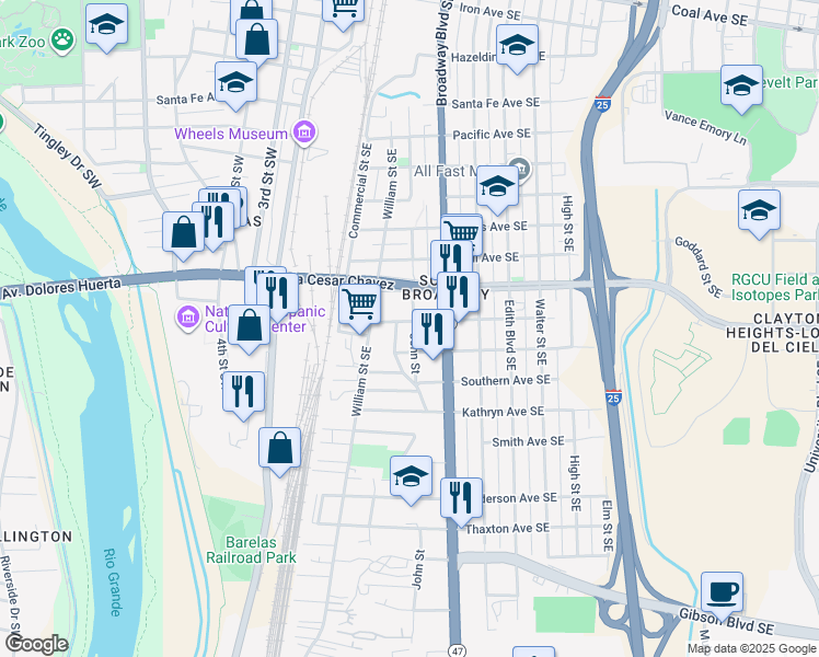map of restaurants, bars, coffee shops, grocery stores, and more near 228 Trumbull Avenue Southeast in Albuquerque