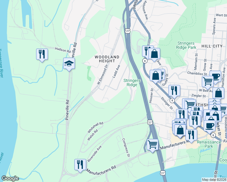 map of restaurants, bars, coffee shops, grocery stores, and more near 381 Wayne Avenue in Chattanooga