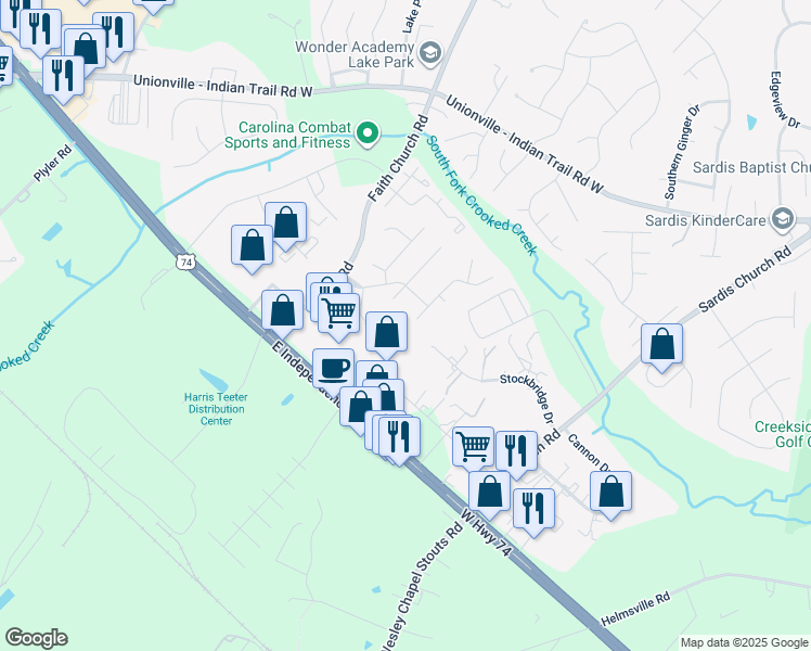 map of restaurants, bars, coffee shops, grocery stores, and more near 1403 Cottage Creek Road in Indian Trail