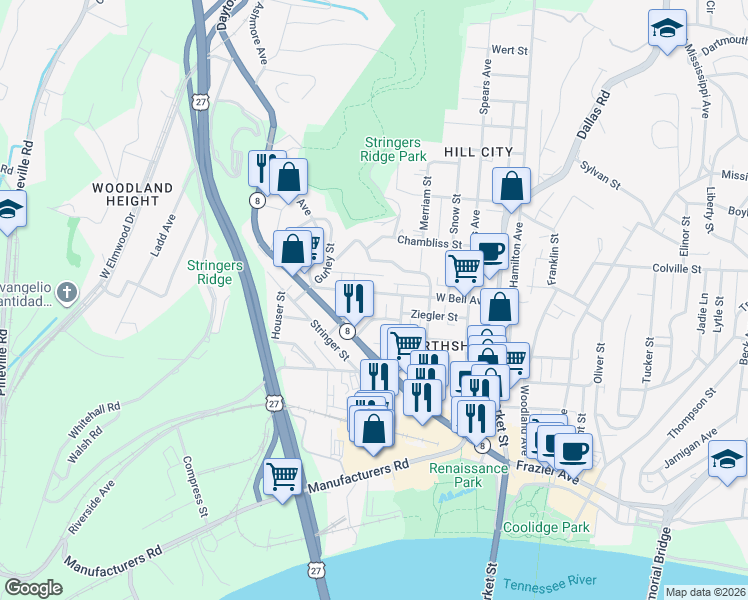 map of restaurants, bars, coffee shops, grocery stores, and more near 420 West Bell Avenue in Chattanooga