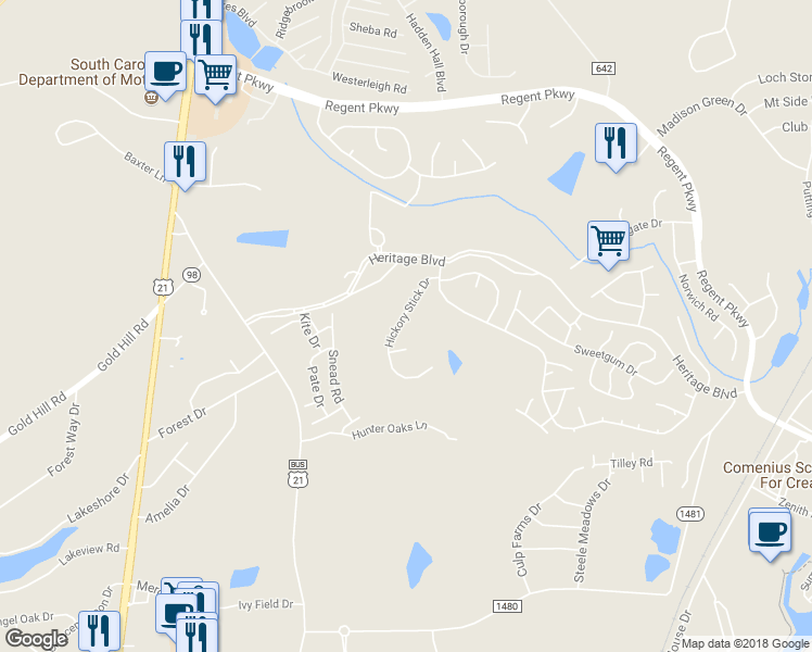 map of restaurants, bars, coffee shops, grocery stores, and more near 863 Hickory Stick Drive in Fort Mill