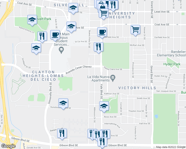 map of restaurants, bars, coffee shops, grocery stores, and more near 1105 Wilmoore Drive Southeast in Albuquerque