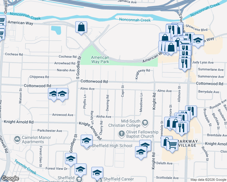 map of restaurants, bars, coffee shops, grocery stores, and more near 2947 Danville Road in Memphis