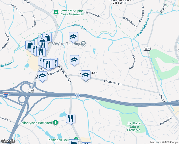 map of restaurants, bars, coffee shops, grocery stores, and more near 6807 Ridge Haven Lane in Charlotte