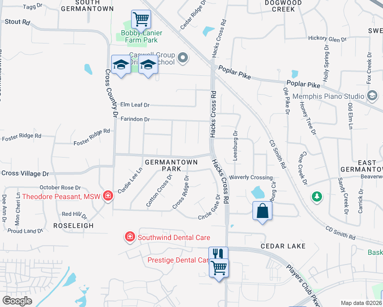 map of restaurants, bars, coffee shops, grocery stores, and more near 8008 Cross Village Drive in Memphis