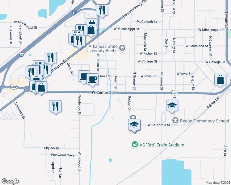 map of restaurants, bars, coffee shops, grocery stores, and more near 1201 West Center Street in Beebe