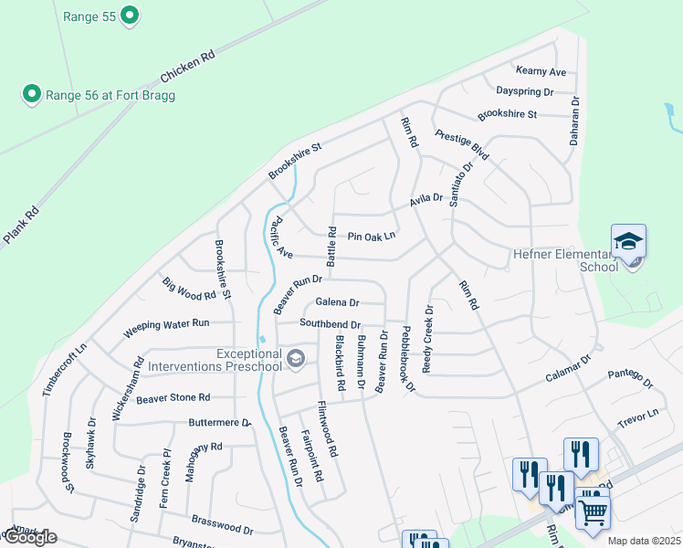 map of restaurants, bars, coffee shops, grocery stores, and more near 7248 Beaver Run Drive in Fayetteville