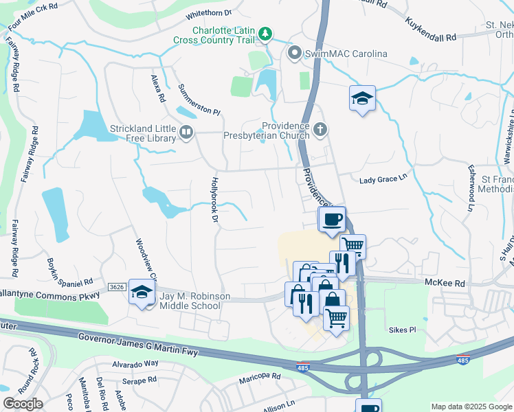 map of restaurants, bars, coffee shops, grocery stores, and more near 5412 Kincross Lane in Charlotte