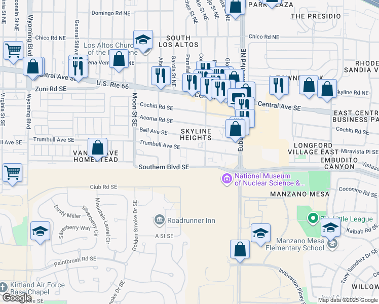 map of restaurants, bars, coffee shops, grocery stores, and more near 10010 Trumbull Avenue Southeast in Albuquerque