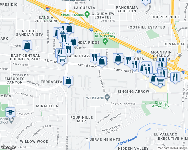 map of restaurants, bars, coffee shops, grocery stores, and more near 213 Hanosh Court Southeast in Albuquerque