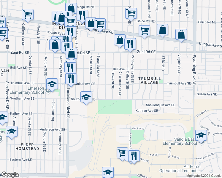 map of restaurants, bars, coffee shops, grocery stores, and more near 608 San Pablo Street Southeast in Albuquerque
