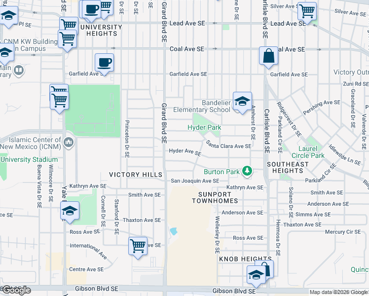 map of restaurants, bars, coffee shops, grocery stores, and more near 2949 Hyder Avenue Southeast in Albuquerque