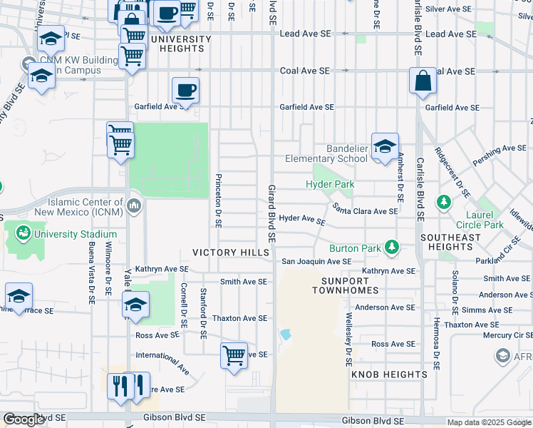 map of restaurants, bars, coffee shops, grocery stores, and more near 1204 Vassar Drive Southeast in Albuquerque