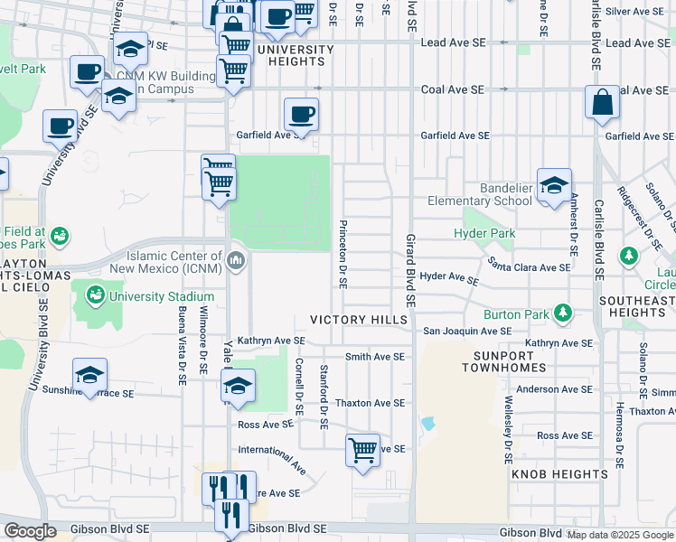 map of restaurants, bars, coffee shops, grocery stores, and more near 1109 Princeton Drive Southeast in Albuquerque