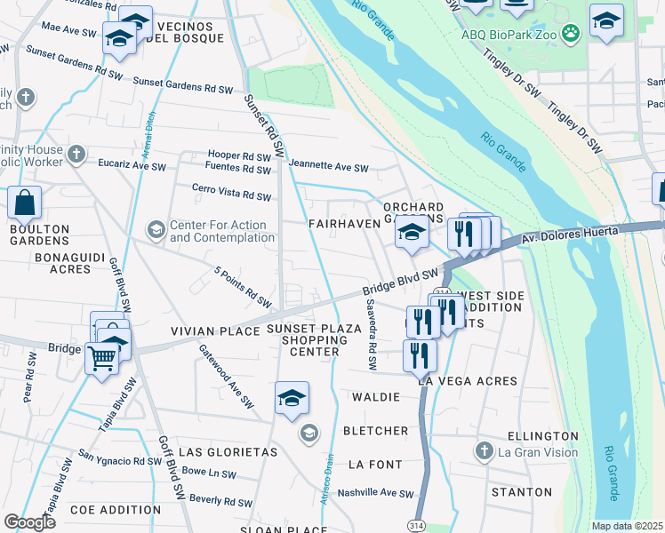 map of restaurants, bars, coffee shops, grocery stores, and more near 1369 Young Avenue Southwest in Albuquerque
