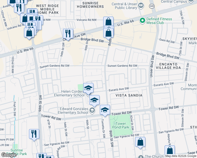 map of restaurants, bars, coffee shops, grocery stores, and more near 8827 Dakota Ridge Road Southwest in Albuquerque