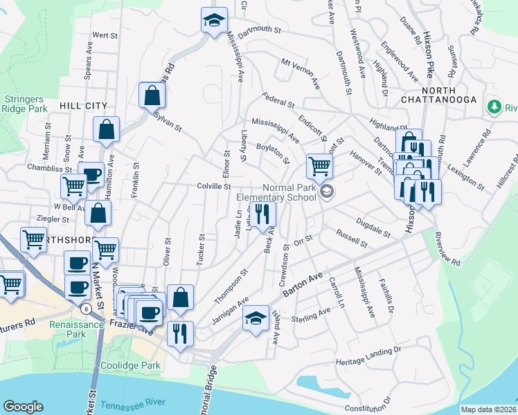 map of restaurants, bars, coffee shops, grocery stores, and more near 671 Tremont Place in Chattanooga