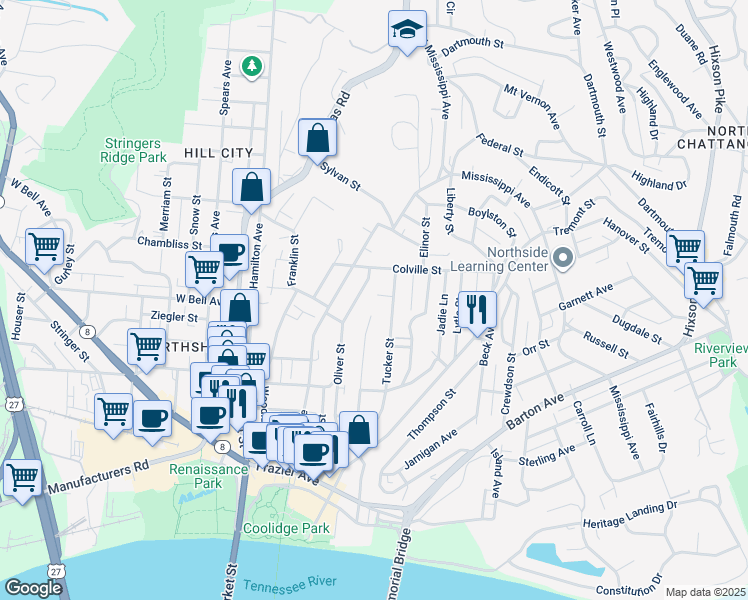 map of restaurants, bars, coffee shops, grocery stores, and more near 614 Oliver Street in Chattanooga