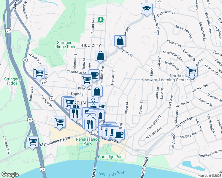 map of restaurants, bars, coffee shops, grocery stores, and more near 539 Woodland Avenue in Chattanooga