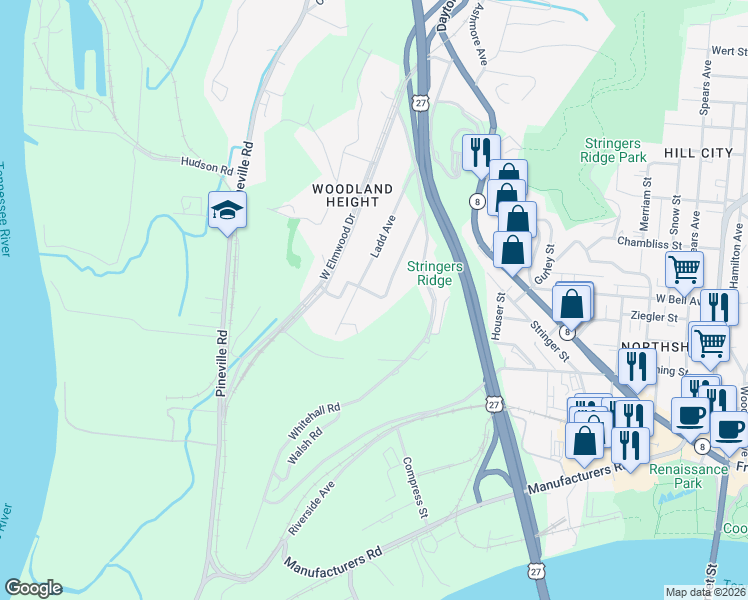 map of restaurants, bars, coffee shops, grocery stores, and more near 381 Wayne Avenue in Chattanooga
