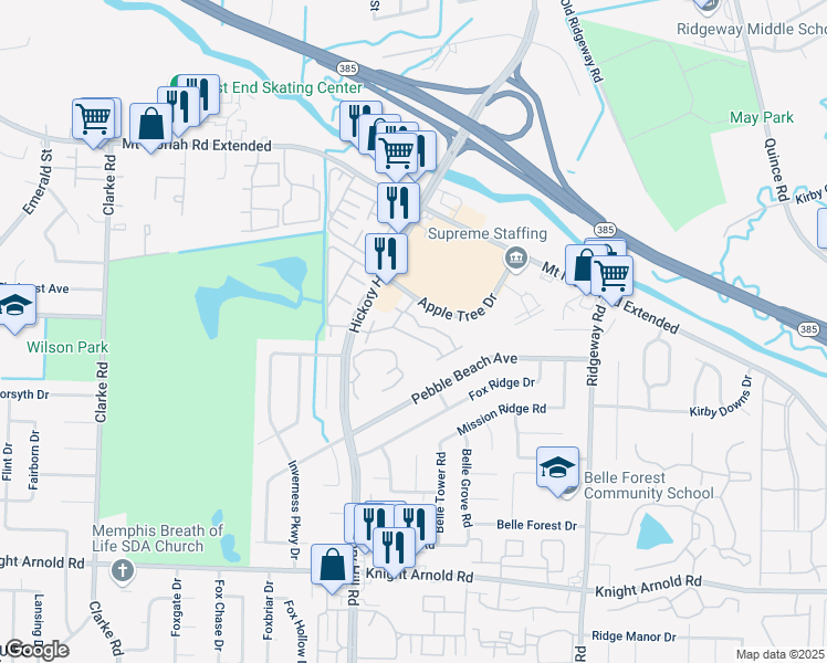 map of restaurants, bars, coffee shops, grocery stores, and more near 2940 Hickory Hill Road in Memphis
