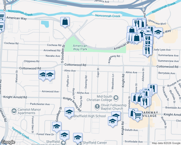 map of restaurants, bars, coffee shops, grocery stores, and more near 2947 Danville Road in Memphis
