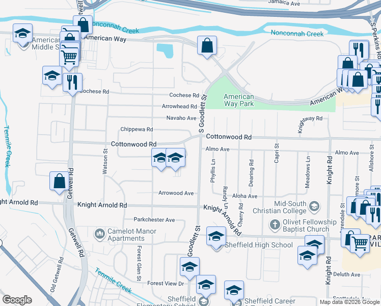 map of restaurants, bars, coffee shops, grocery stores, and more near 4229 Kenosha Road in Memphis