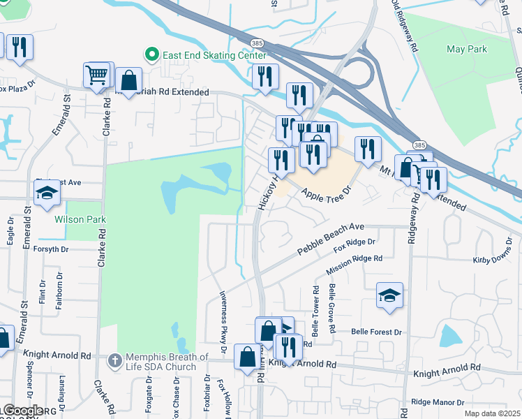 map of restaurants, bars, coffee shops, grocery stores, and more near 2948 Hickory Hill Road in Memphis