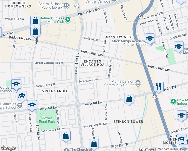 map of restaurants, bars, coffee shops, grocery stores, and more near 7509 Via Cometa Southwest in Albuquerque