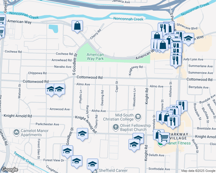map of restaurants, bars, coffee shops, grocery stores, and more near 2947 Danville Road in Memphis