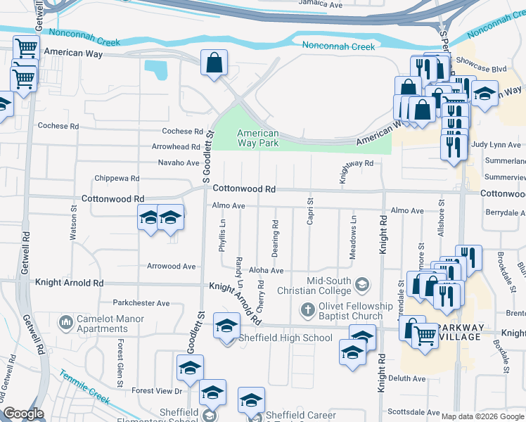 map of restaurants, bars, coffee shops, grocery stores, and more near 2946 Cherry Road in Memphis