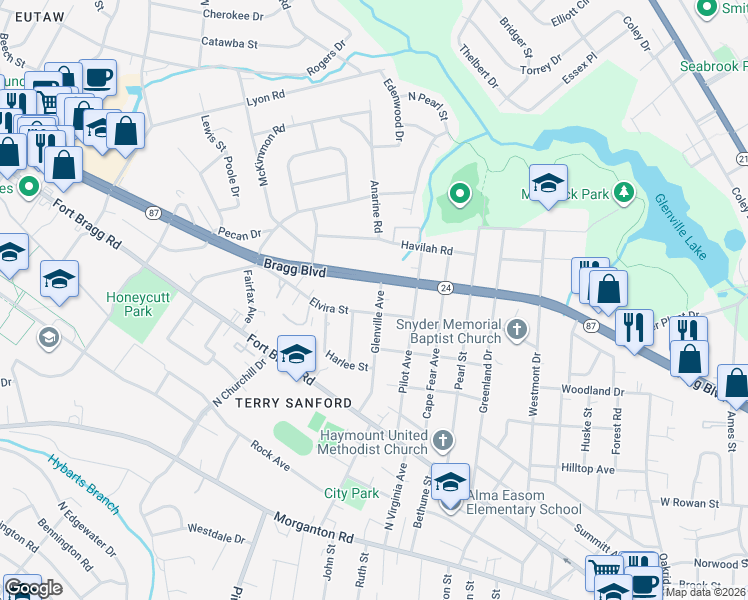 map of restaurants, bars, coffee shops, grocery stores, and more near 705 Glenville Avenue in Fayetteville