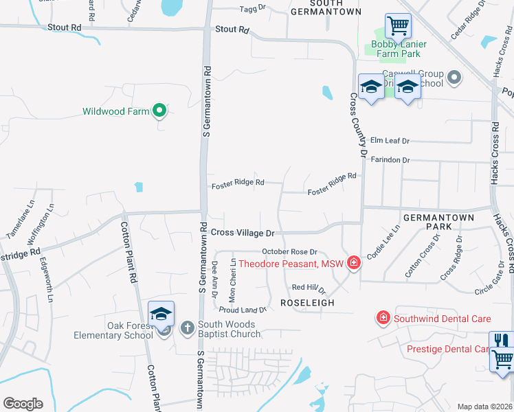 map of restaurants, bars, coffee shops, grocery stores, and more near 2947 Pangbourne Cove in Germantown