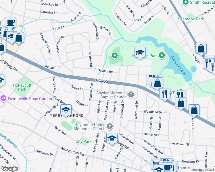map of restaurants, bars, coffee shops, grocery stores, and more near 629 Cape Fear Avenue in Fayetteville