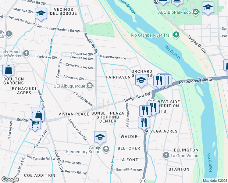 map of restaurants, bars, coffee shops, grocery stores, and more near 1369 Young Avenue Southwest in Albuquerque