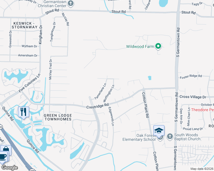 map of restaurants, bars, coffee shops, grocery stores, and more near 2934 Tamerlane Lane in Germantown
