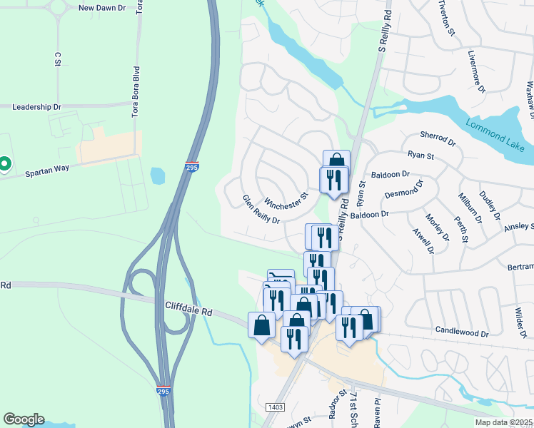 map of restaurants, bars, coffee shops, grocery stores, and more near 819 Glen Reilly Drive in Fayetteville
