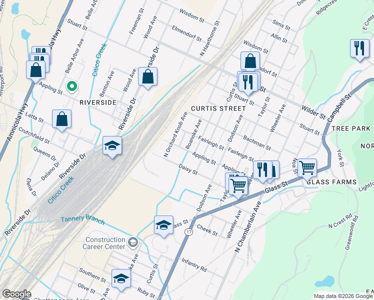 map of restaurants, bars, coffee shops, grocery stores, and more near 2001 Appling St in Chattanooga