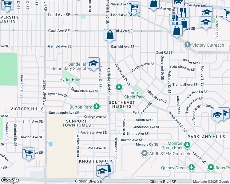 map of restaurants, bars, coffee shops, grocery stores, and more near 723 Parkland Circle Southeast in Albuquerque