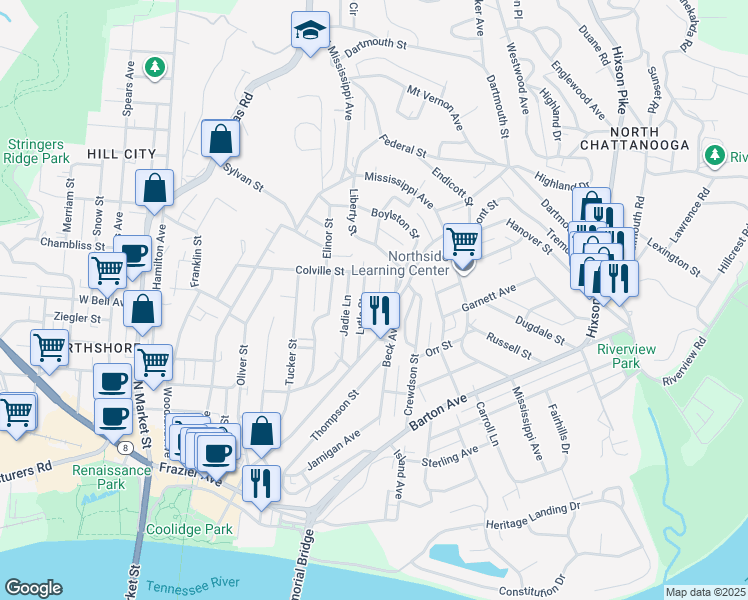 map of restaurants, bars, coffee shops, grocery stores, and more near 671 Tremont Place in Chattanooga