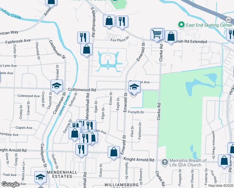 map of restaurants, bars, coffee shops, grocery stores, and more near 2951 Eagle Drive in Memphis