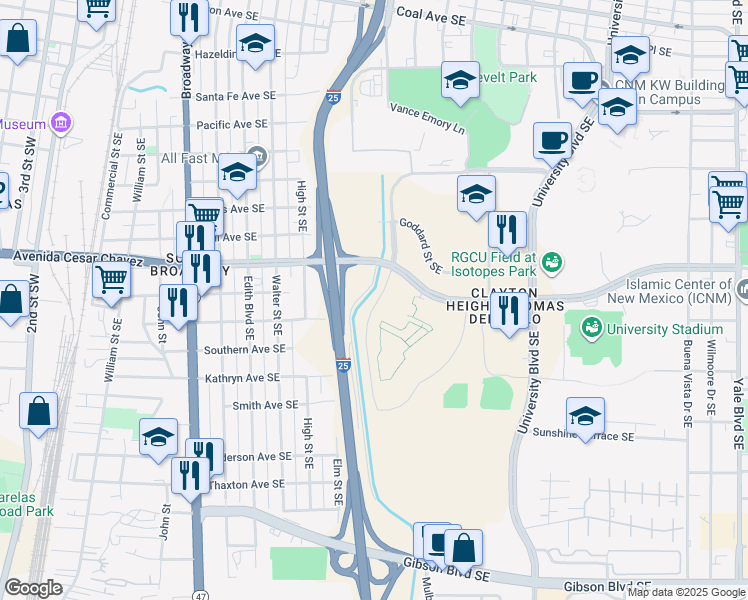 map of restaurants, bars, coffee shops, grocery stores, and more near 1110 Avenida Cesar Chavez Southeast in Albuquerque
