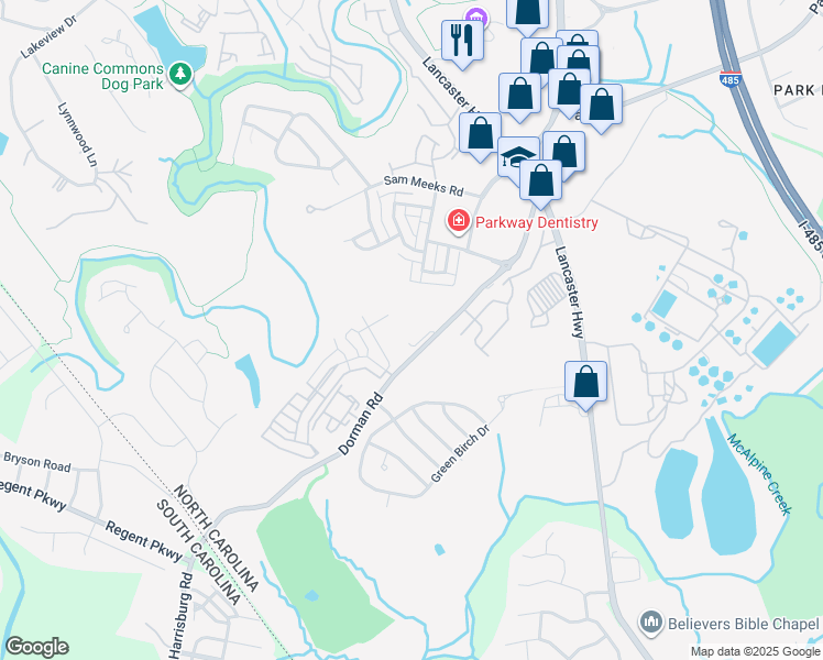 map of restaurants, bars, coffee shops, grocery stores, and more near 12910 Dorman Road in Pineville