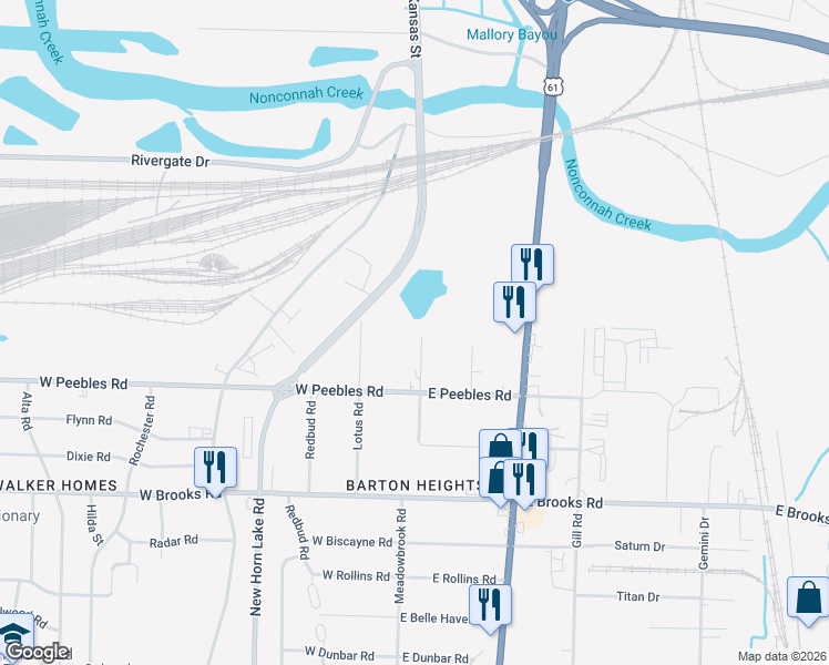 map of restaurants, bars, coffee shops, grocery stores, and more near 2943 Meadowbrook Road in Memphis