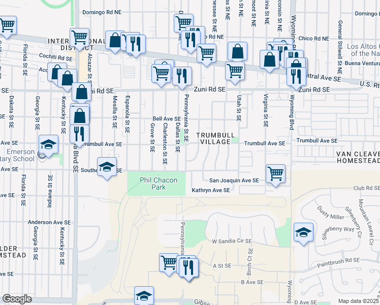 map of restaurants, bars, coffee shops, grocery stores, and more near 508 Pennsylvania Street Southeast in Albuquerque