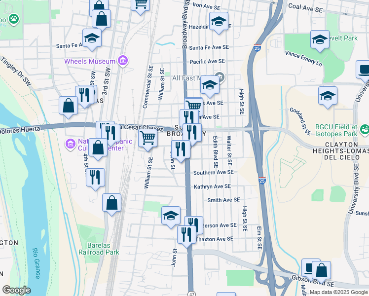 map of restaurants, bars, coffee shops, grocery stores, and more near 1501 New Mexico 47 in Albuquerque