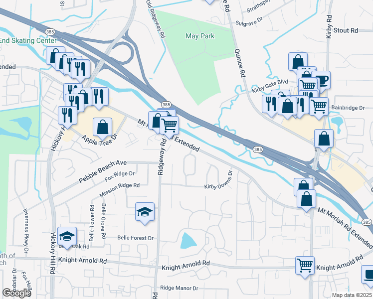 map of restaurants, bars, coffee shops, grocery stores, and more near 2947 Charlestowne Place in Memphis