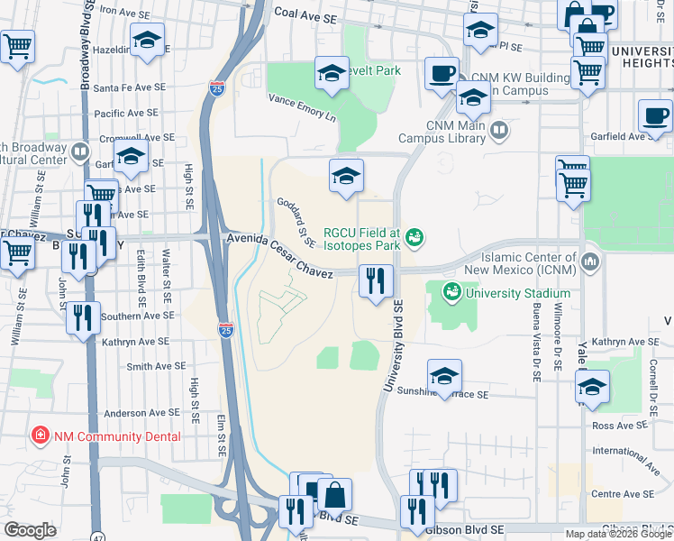 map of restaurants, bars, coffee shops, grocery stores, and more near Avenida Cesar Chavez Southeast in Albuquerque