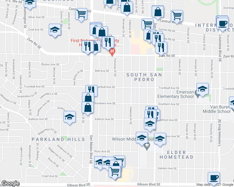 map of restaurants, bars, coffee shops, grocery stores, and more near 816 Palomas Drive Southeast in Albuquerque