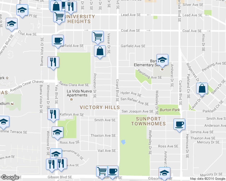 map of restaurants, bars, coffee shops, grocery stores, and more near 1204 Vassar Drive Southeast in Albuquerque